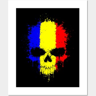 Chaotic Romanian Flag Splatter Skull Posters and Art